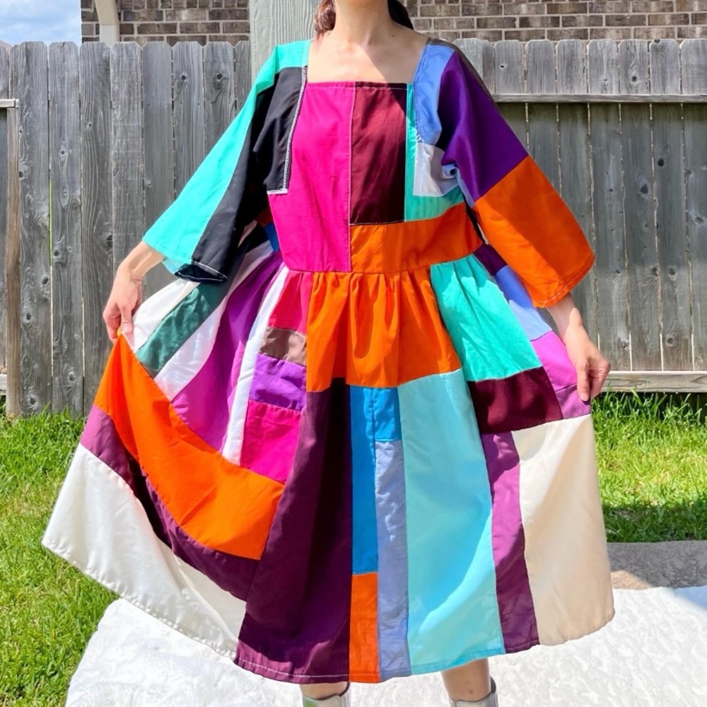 Handmade Quilted Patchwork Colorblock Dress SKU 05234